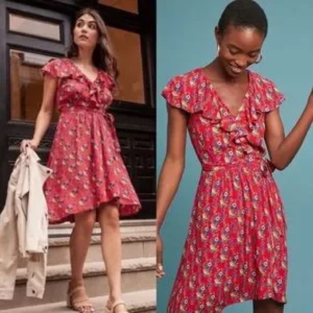 Anthropologie Maeve Rosalia Red Floral Faux Wrap Ruffle Dress - Size 0 - Picture 5 of 10